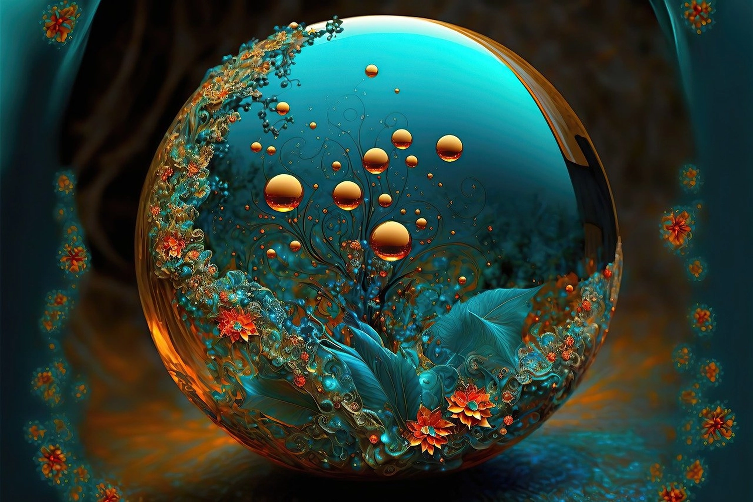 Sirima Miller – LEBENS(T)RAUM für Körper, Geist & Seele – ein digitales Kunstwerk, das wahrscheinlich mithilfe von KI erstellt wurde und einen komplizierten Glasglobus oder eine Kugel darstellt.