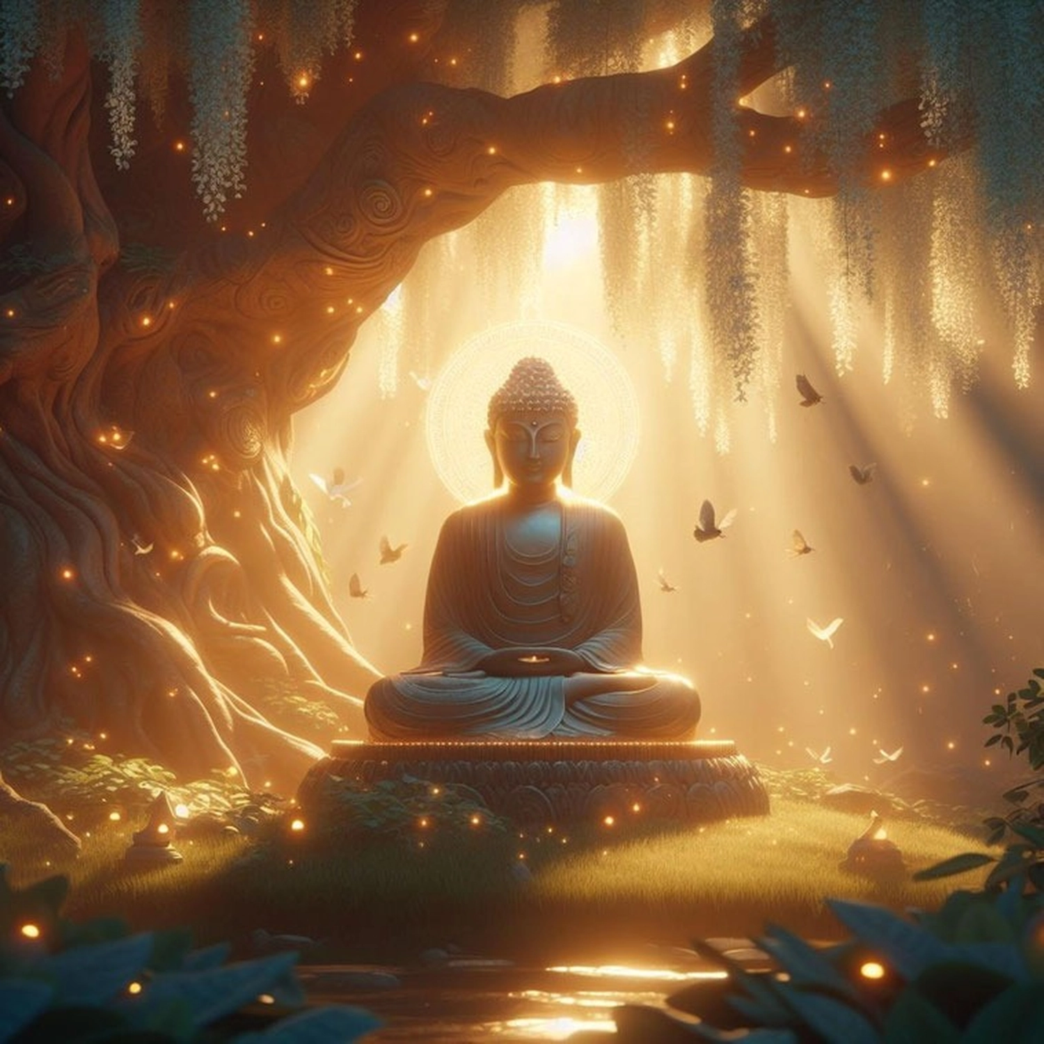 Sirima Miller – LEBENS(T)RAUM für Körper, Geist & Seele – eine ruhige Buddha-Statue, die zwischen blühenden Lotusblumen in einem ruhigen Teich meditiert.