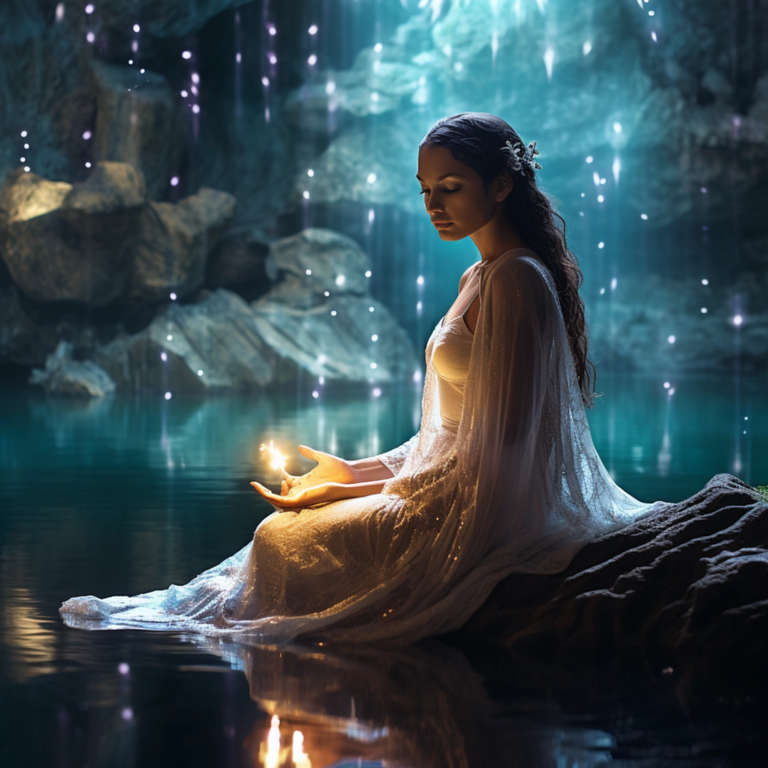 Sirima Miller – LEBENS(T)RAUM für Körper, Geist & Seele – Es zeigt eine nicht prominente Frau in einem weißen Kleid, die in einer Höhle oder Grotte sitzt und ein leuchtendes Licht hält, möglicherweise in der Nähe von Wasser.