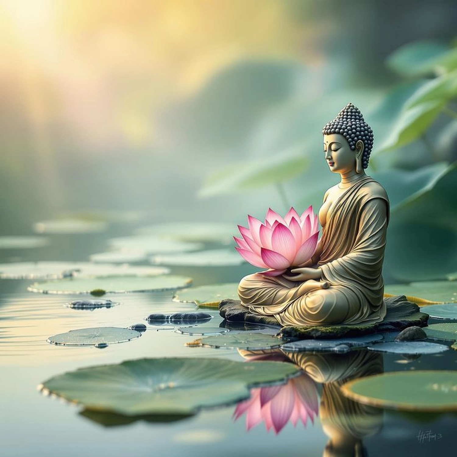 Sirima Miller – LEBENS(T)RAUM für Körper, Geist & Seele – eine ruhige Buddha-Statue, die zwischen blühenden Lotusblumen in einem ruhigen Teich meditiert.