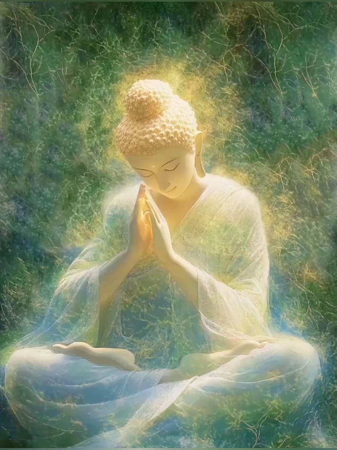 Sirima Miller – LEBENS(T)RAUM für Körper, Geist & Seele – eine ruhige Buddha-Statue, die zwischen blühenden Lotusblumen in einem ruhigen Teich meditiert.