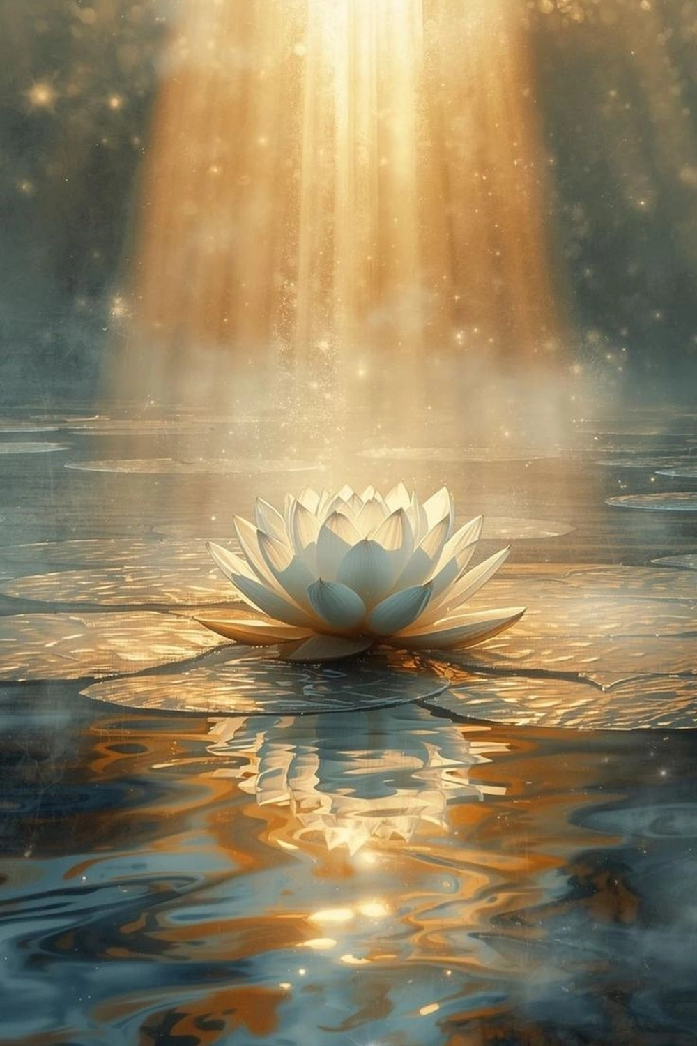 Sirima Miller – LEBENS(T)RAUM für Körper, Geist & Seele – Das Bild ist ein digitales Kunstwerk oder ein KI-generiertes Bild, das eine ruhige weiße Lotusblume zeigt, die auf ruhigem Wasser blüht und von einem goldenen Lichtstrahl beleuchtet wird.