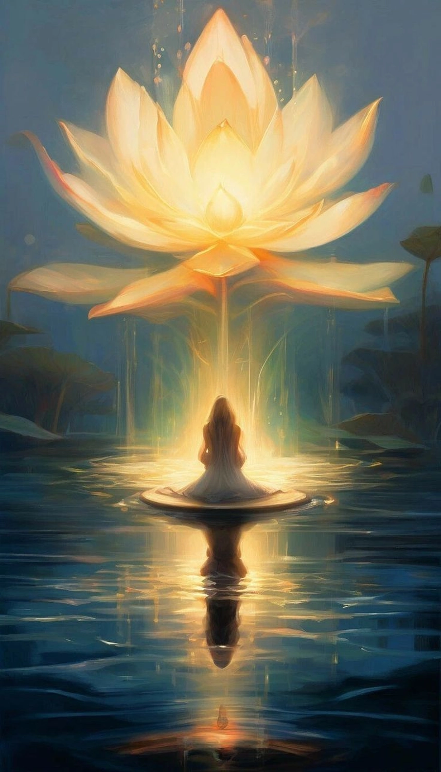 Sirima Miller – LEBENS(T)RAUM für Körper, Geist & Seele – Dieses digitale Kunstbild zeigt eine Figur, die unter einer großen, leuchtenden Lotusblume meditiert, die Reinheit und Erleuchtung symbolisiert. Die Szene vermittelt ein Gefühl von Spiritualität und Selbstbeobachtung.