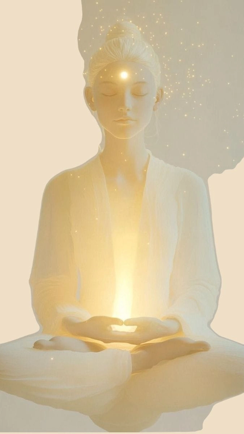 Sirima Miller – LEBENS(T)RAUM für Körper, Geist & Seele – Das Bild ist ein Stück spiritueller Kunst und zeigt eine meditierende Figur, deren Stirn und Hände Licht ausstrahlen.